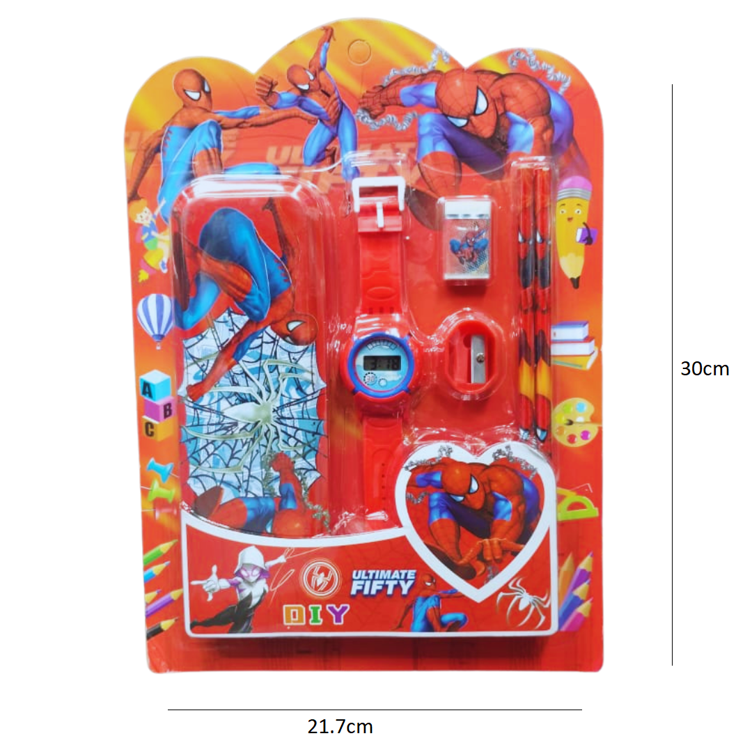 6 Pcs Stationary Set for Kids School Stationery Set With Digital Watch Cartoon Themed Gift Combo Pack - Ghosia Mall's