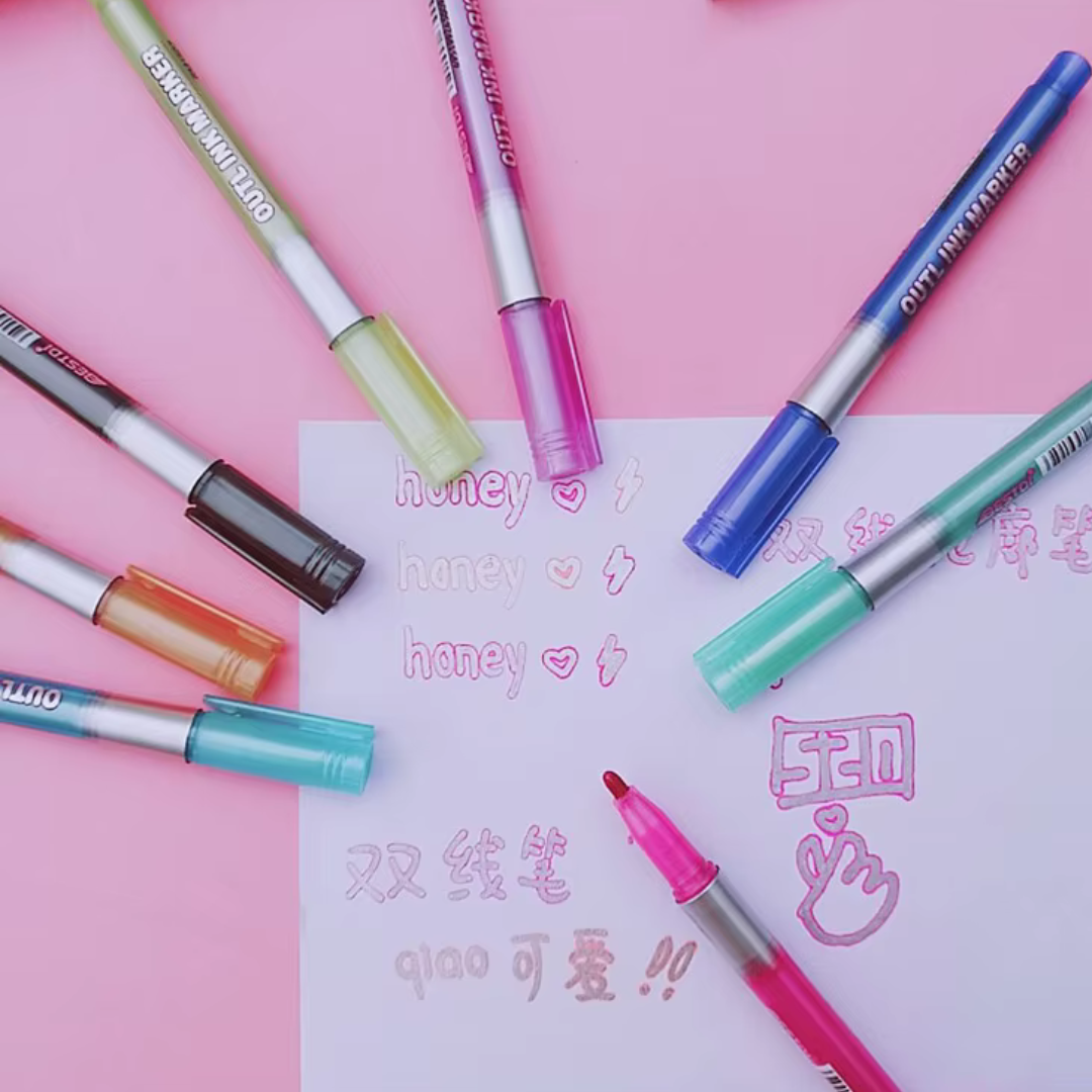 Colorful Shimmer Markers Pen, Outline Markers Double Line Pen ( Set of 4 ) Colorful Double Line Markers Set - Ghosia Mall's