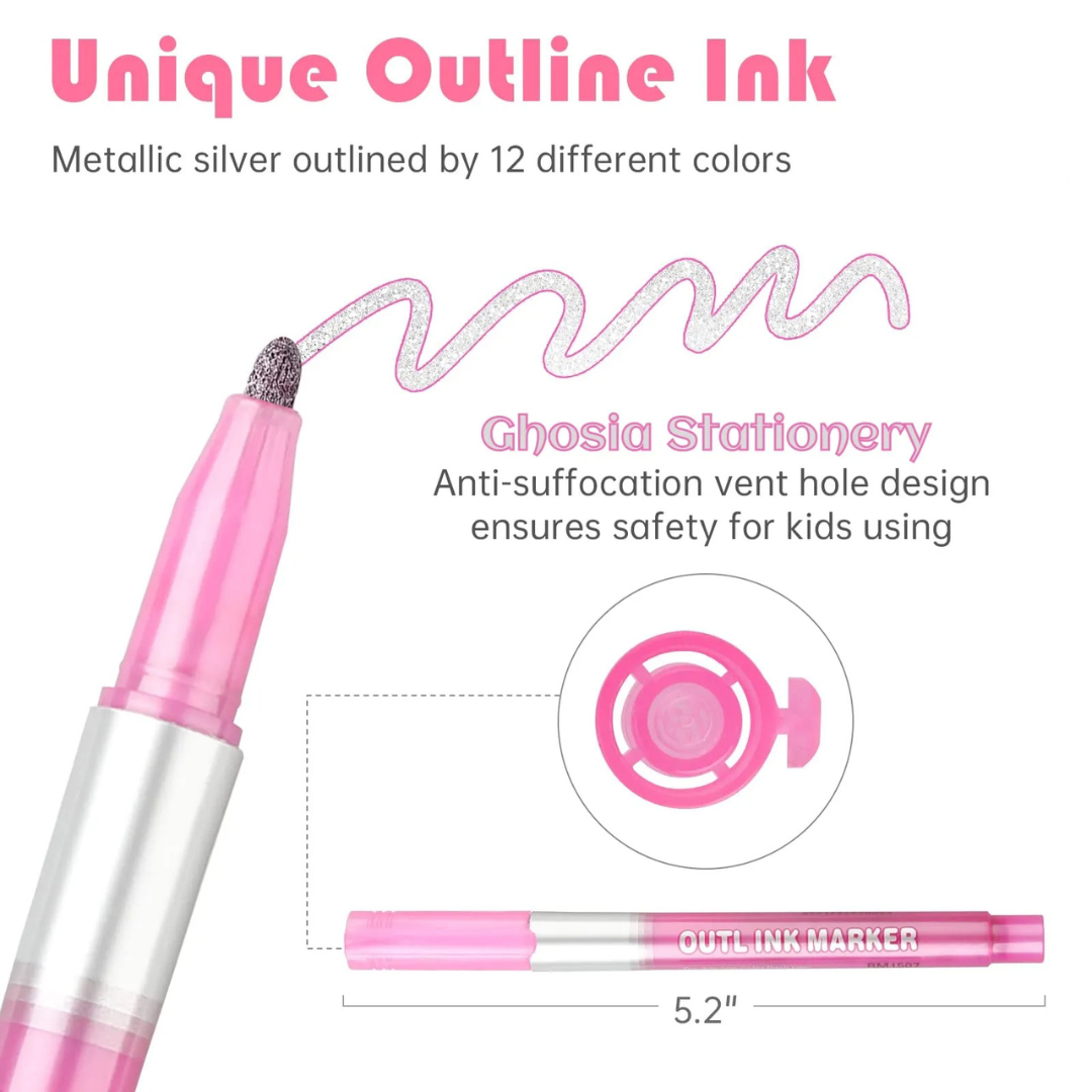 Colorful Shimmer Markers Pen, Outline Markers Double Line Pen ( Set of 4 ) Colorful Double Line Markers Set - Ghosia Mall's
