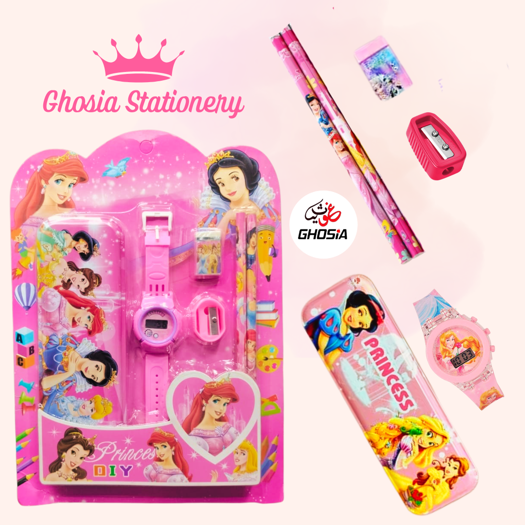 6 Pcs Stationary Set for Kids School Stationery Set With Digital Watch Cartoon Themed Gift Combo Pack - Ghosia Mall's