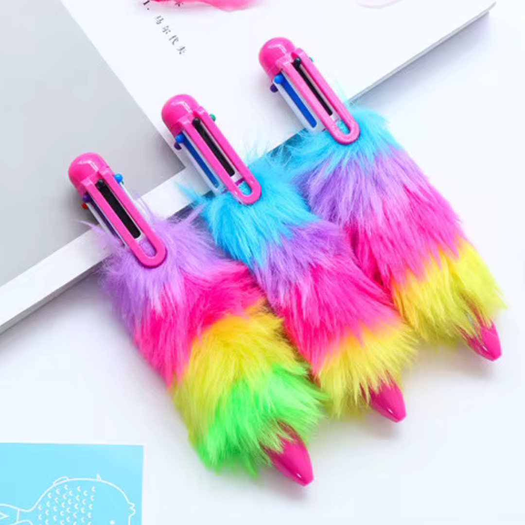 Bold Colors Rainbow Fur Pen Multi Color 6-in-1 Pen Fuzzy Pom Pom Pens Colorful Kawaii Stationery - Ghosia Mall's