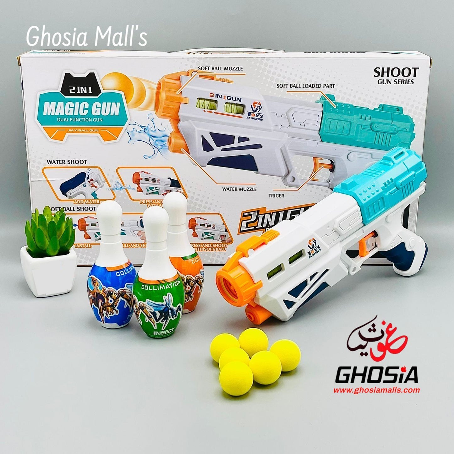 Toy Gun 2 in 1 Magic Blaster Ball Shooter Gun and Water Shooting Toys for Kids With Target Pins Action Toys For Kids - Ghosia Mall's