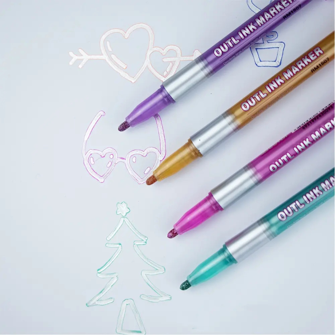 Colorful Shimmer Markers Pen, Outline Markers Double Line Pen ( Set of 4 ) Colorful Double Line Markers Set - Ghosia Mall's