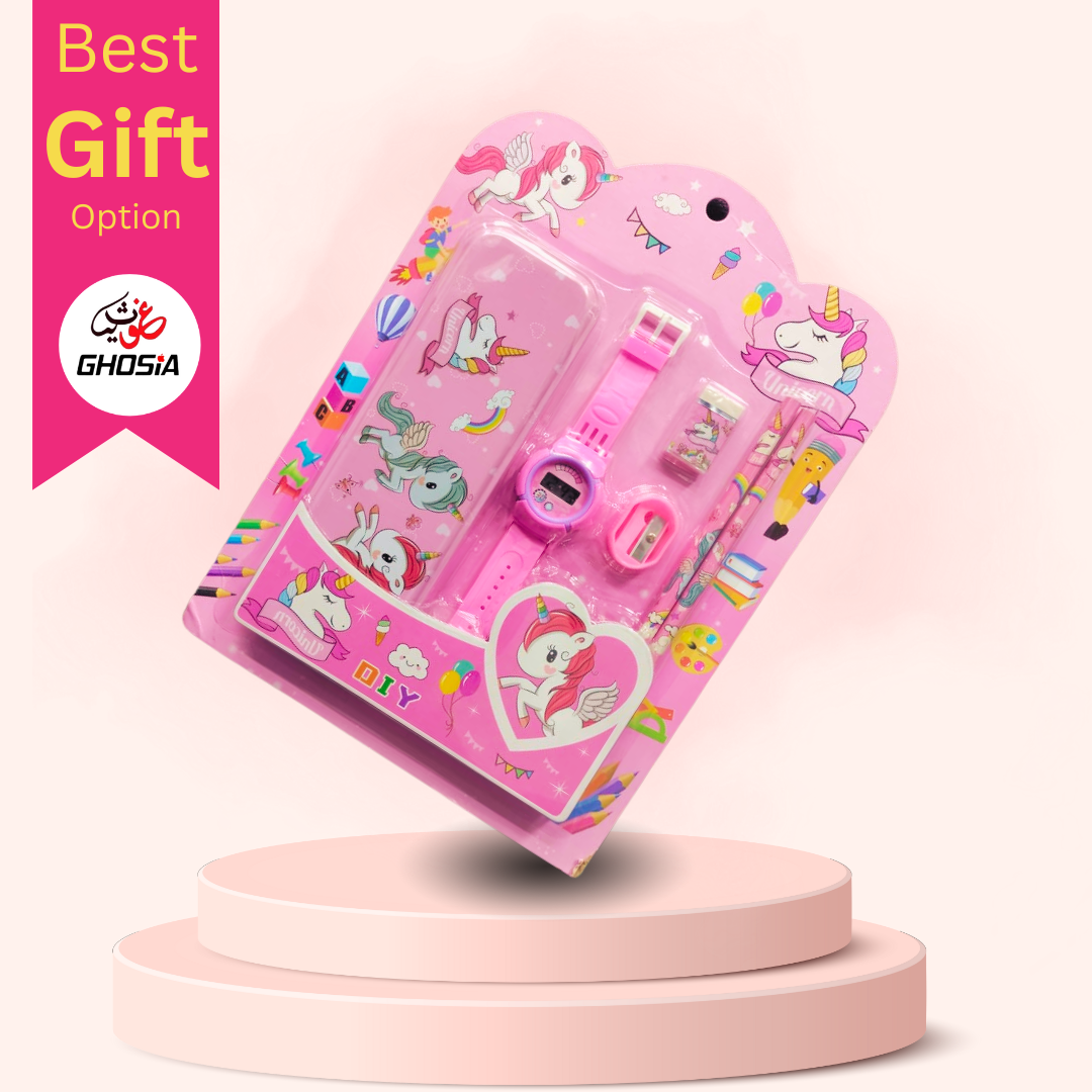 6 Pcs Stationary Set for Kids School Stationery Set With Digital Watch Cartoon Themed Gift Combo Pack - Ghosia Mall's
