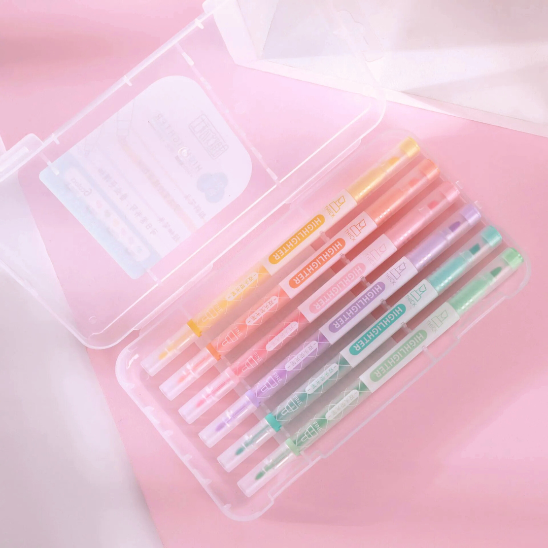 2 in 1 Highlighter Marker & Fineliner Pen Set Double Tip 6 Pcs Markers - Ghosia Mall's