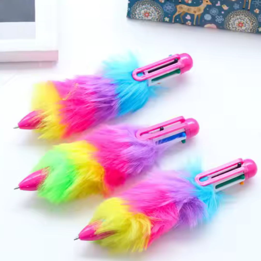 Bold Colors Rainbow Fur Pen Multi Color 6-in-1 Pen Fuzzy Pom Pom Pens Colorful Kawaii Stationery - Ghosia Mall's