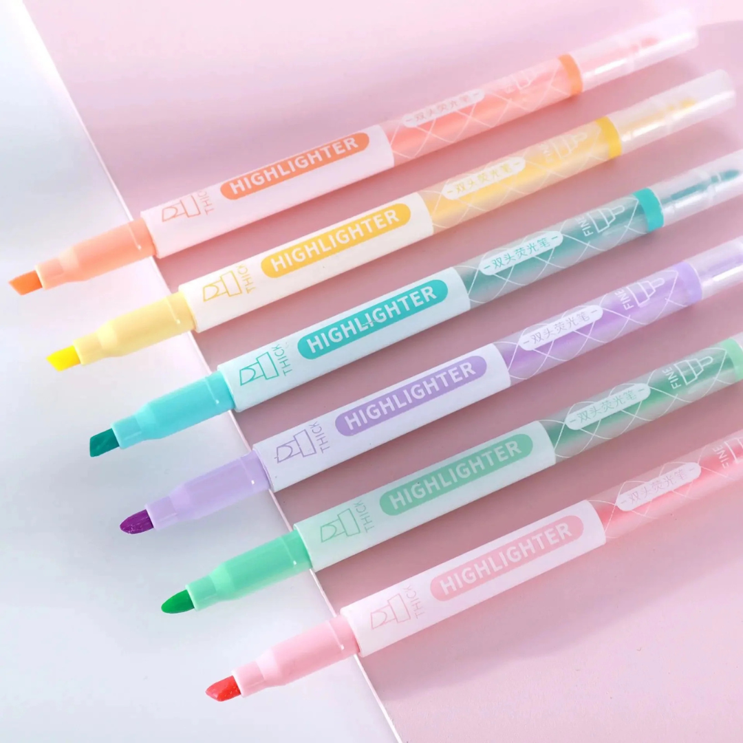 2 in 1 Highlighter Marker & Fineliner Pen Set Double Tip 6 Pcs Markers - Ghosia Mall's
