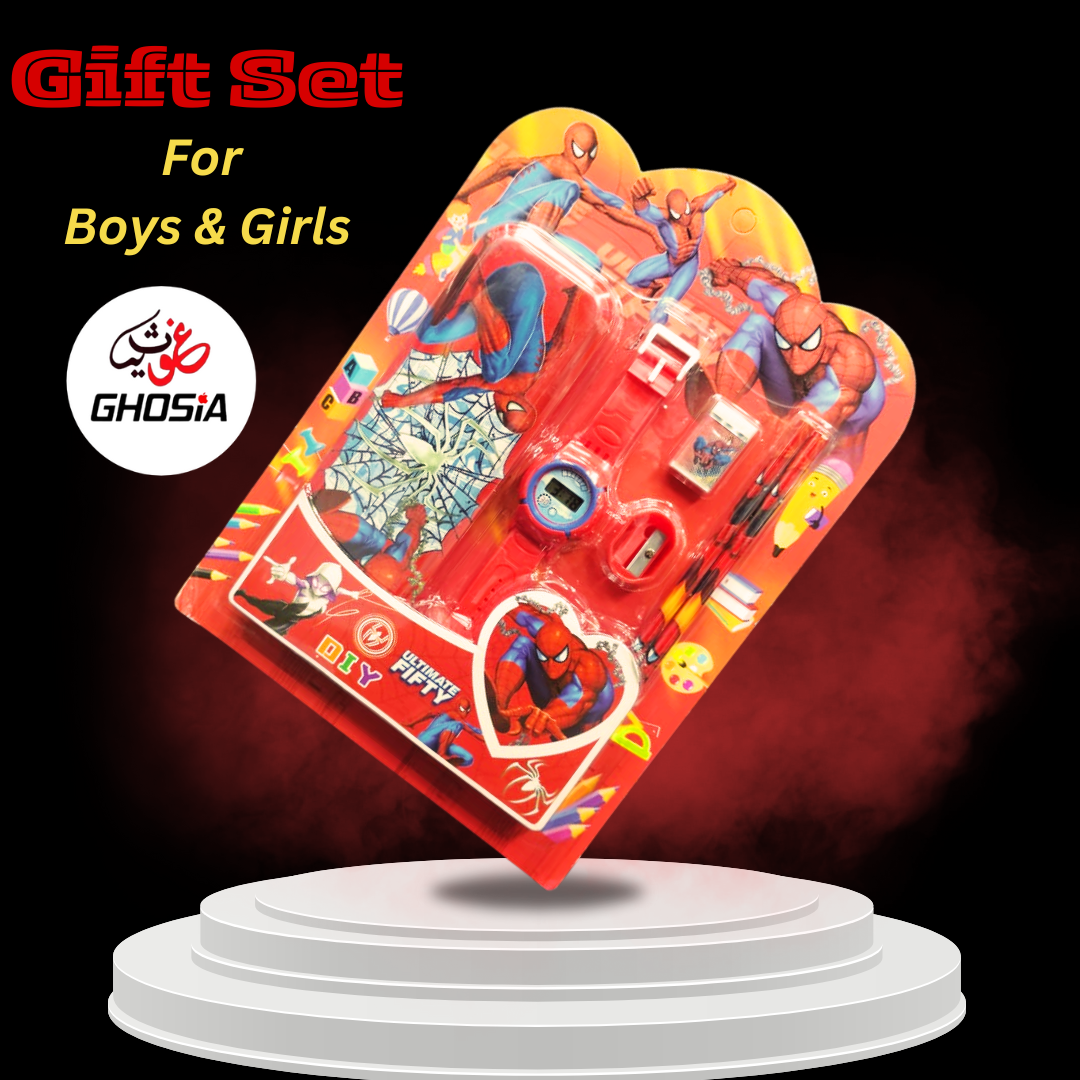 6 Pcs Stationary Set for Kids School Stationery Set With Digital Watch Cartoon Themed Gift Combo Pack - Ghosia Mall's