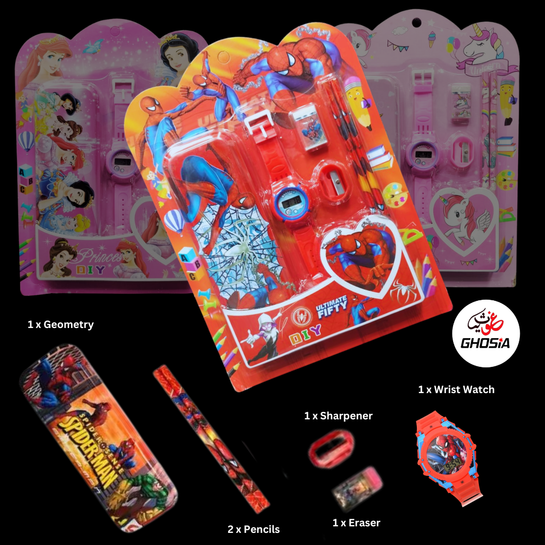 6 Pcs Stationary Set for Kids School Stationery Set With Digital Watch Cartoon Themed Gift Combo Pack - Ghosia Mall's
