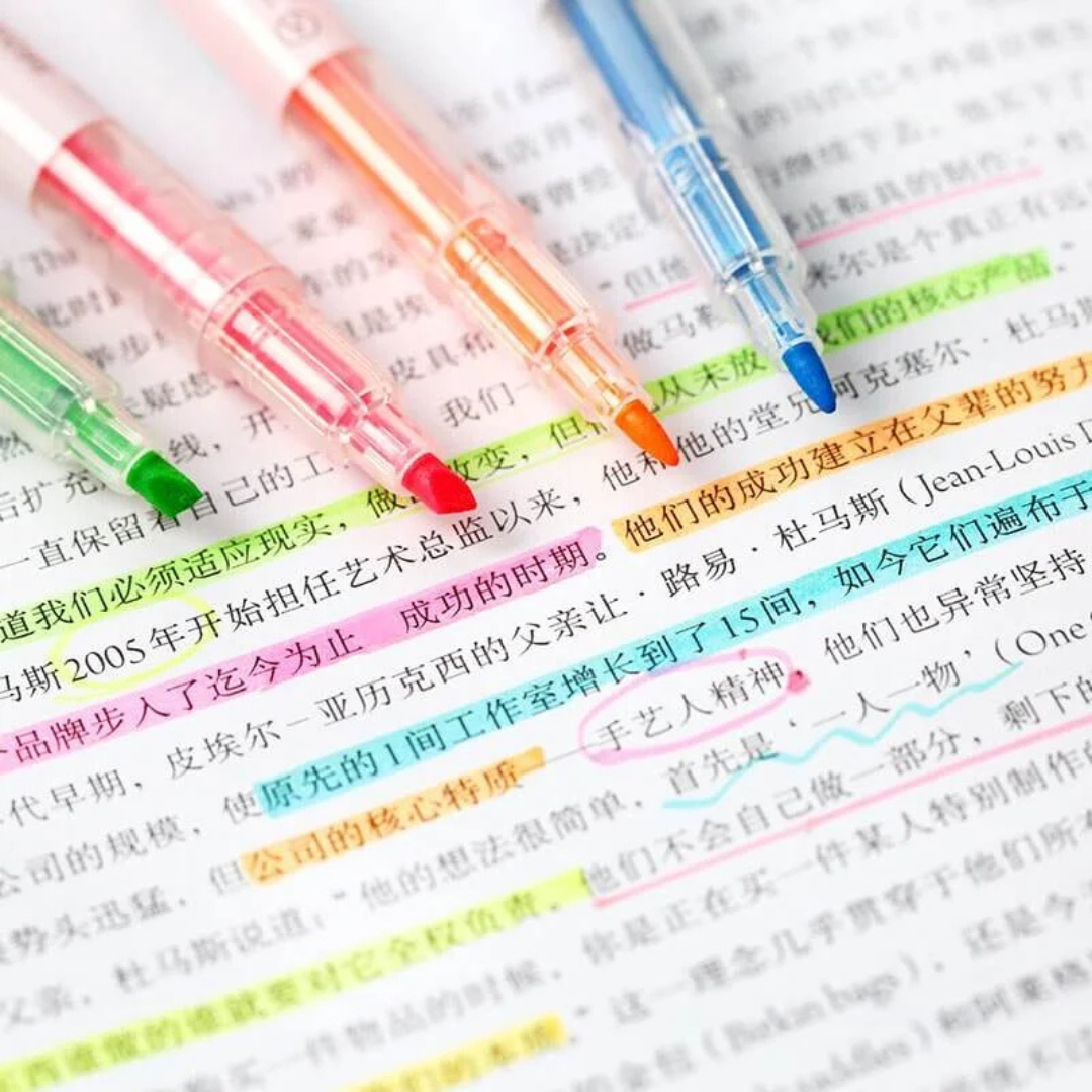 2 in 1 Highlighter Marker & Fineliner Pen Set Double Tip 6 Pcs Markers - Ghosia Mall's