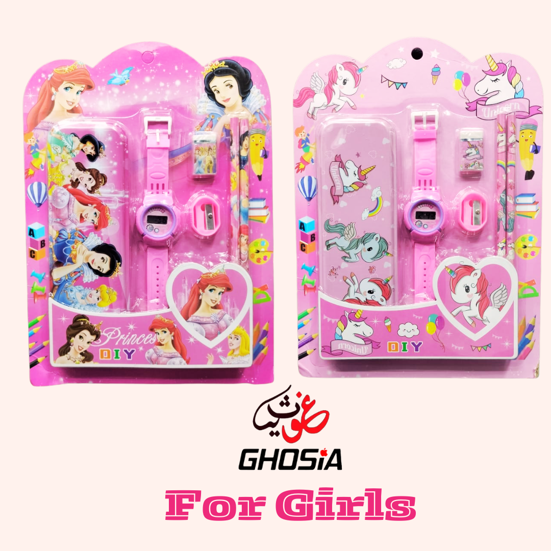 6 Pcs Stationary Set for Kids School Stationery Set With Digital Watch Cartoon Themed Gift Combo Pack - Ghosia Mall's