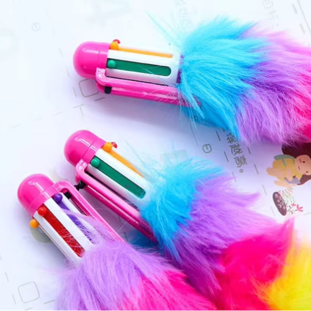 Bold Colors Rainbow Fur Pen Multi Color 6-in-1 Pen Fuzzy Pom Pom Pens Colorful Kawaii Stationery - Ghosia Mall's