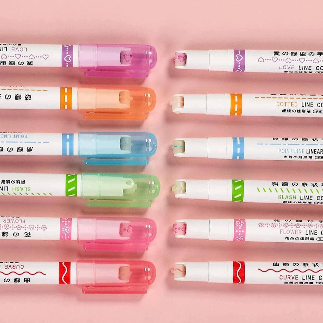 6-Piece Colorful Curved Highlighter Set with Fun Drawing Patterns - Perfect for Crafts, Journaling & Scrapbooking - Ghosia Mall's