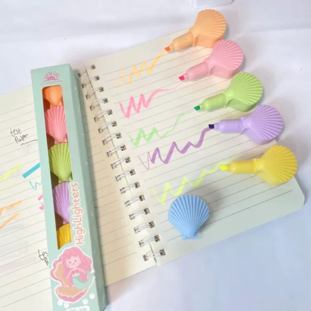 Seashell Shape Highlighter Pastel Highlighters Pen for Kids, Set of 5 Pastel Colors, Chisel Tip Creative 5 Pcs Pack of Soft Multi Color Rainbow Highlighters - Ghosia Mall's