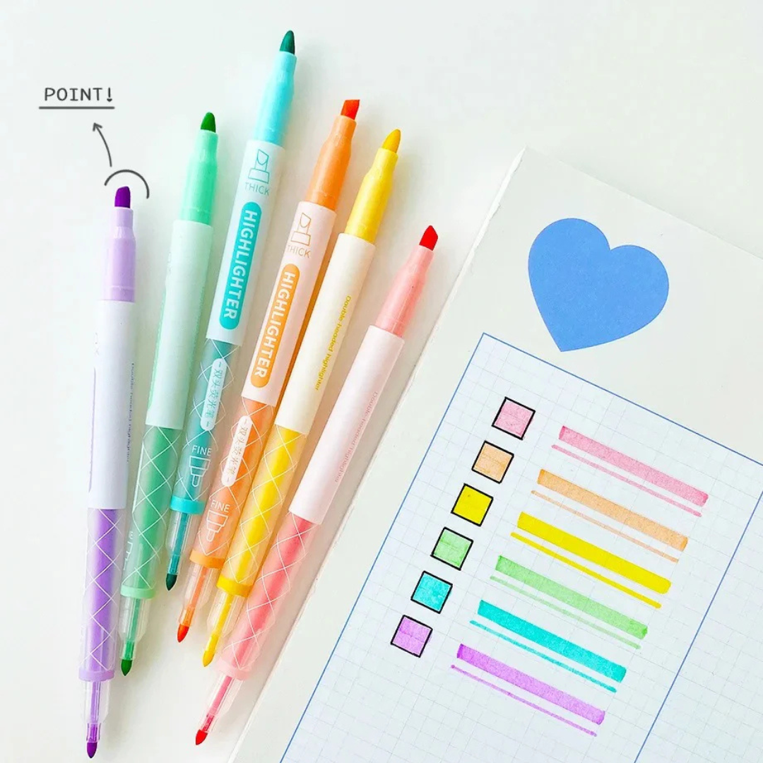 2 in 1 Highlighter Marker & Fineliner Pen Set Double Tip 6 Pcs Markers - Ghosia Mall's