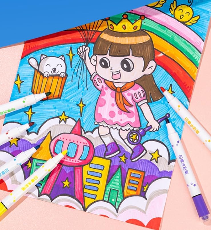 Stamp Marker Pen Dual Tips 12 Coloring Pen Set Kids Cute Pattern Marker color Pens - Ghosia Mall's