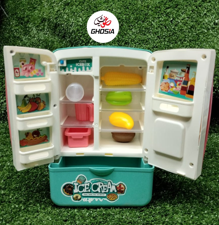 Dollhouse Refrigerator With Cold Icy Spray & Colorful Dazzling Lights & Music Doll Fridge With Fruits And Accessories - Ghosia Mall's