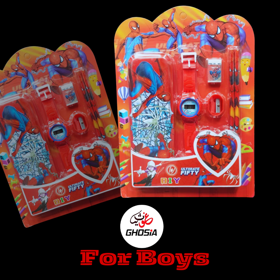 6 Pcs Stationary Set for Kids School Stationery Set With Digital Watch Cartoon Themed Gift Combo Pack - Ghosia Mall's