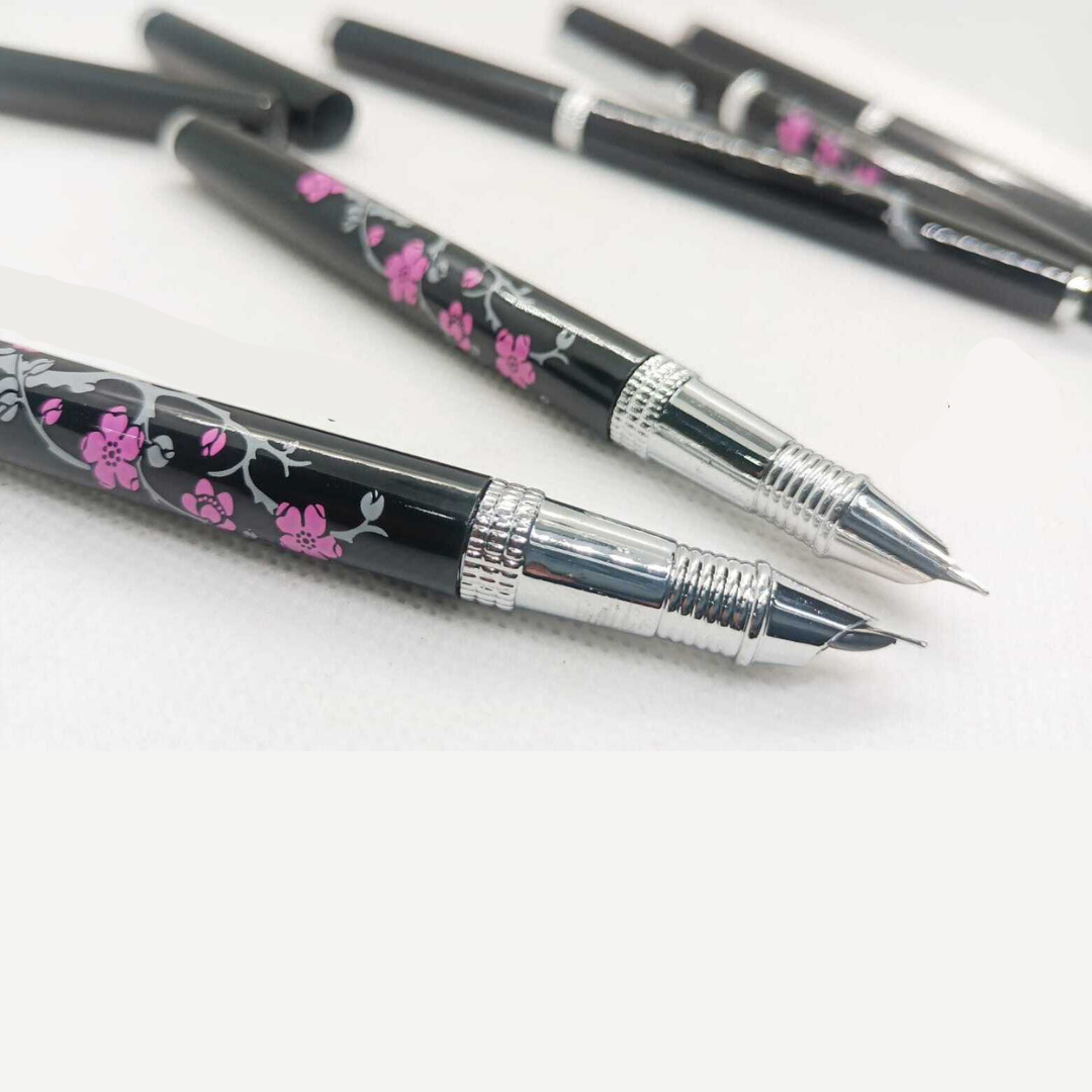 Classical Floral Design Full Metallic Fountain Pen-Black Mingao Fancy Style Smooth Writing Fountain Pen Sleek Body Ink Pen Perfect Stationery Gifts - Ghosia Mall's
