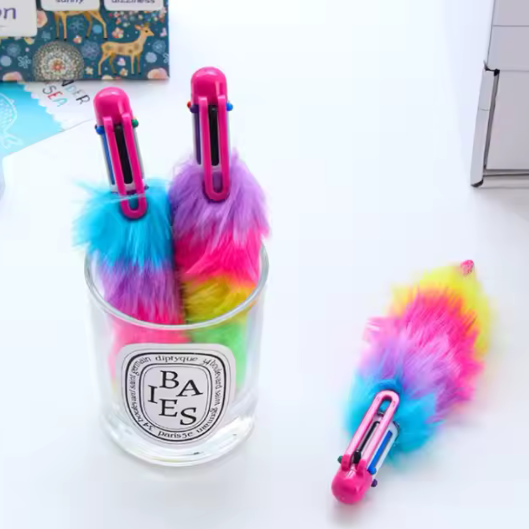 Bold Colors Rainbow Fur Pen Multi Color 6-in-1 Pen Fuzzy Pom Pom Pens Colorful Kawaii Stationery - Ghosia Mall's