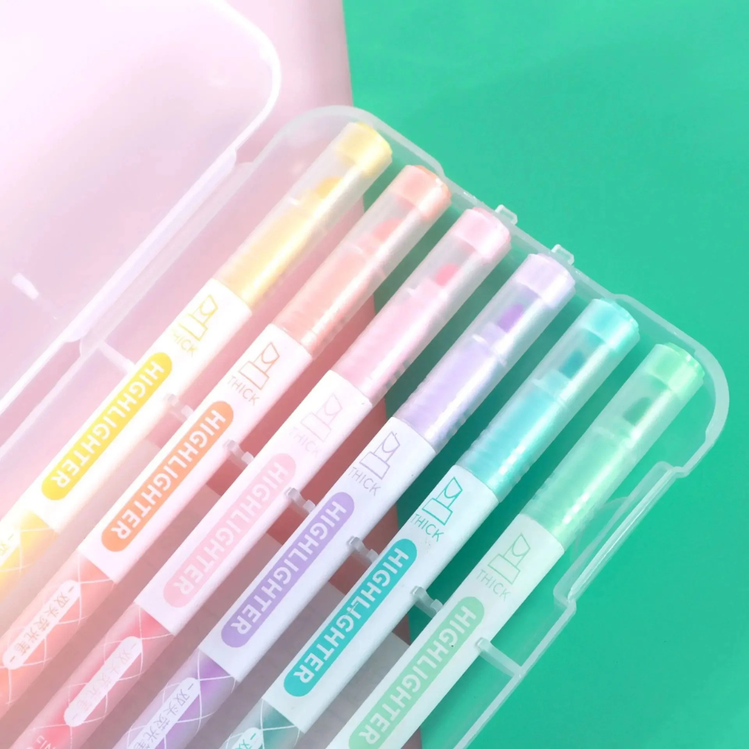 2 in 1 Highlighter Marker & Fineliner Pen Set Double Tip 6 Pcs Markers - Ghosia Mall's