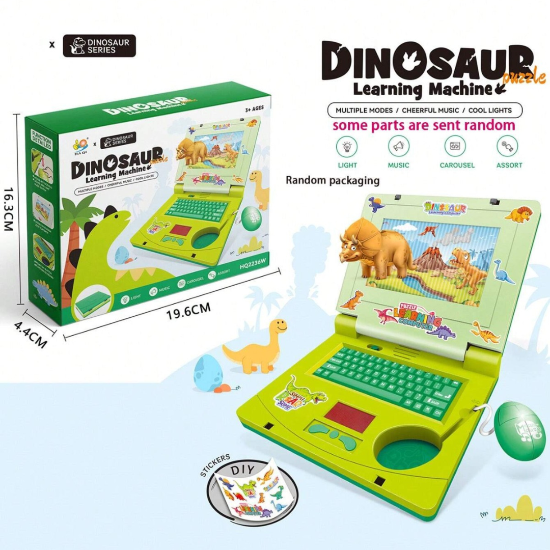 Dinosaur Musical Toy Laptop For Kids With Cheerful Music, Sounds & Lights ( Free Dinosaur Stickers ) - Ghosia Mall's