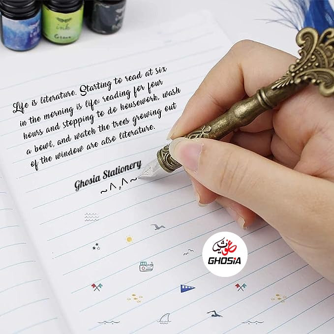 Feather Pen Set Luxury Vintage Metallic Carving Dip Pen, Calligraphy Writing with 5 Replacement Nibs - Ghosia Mall's