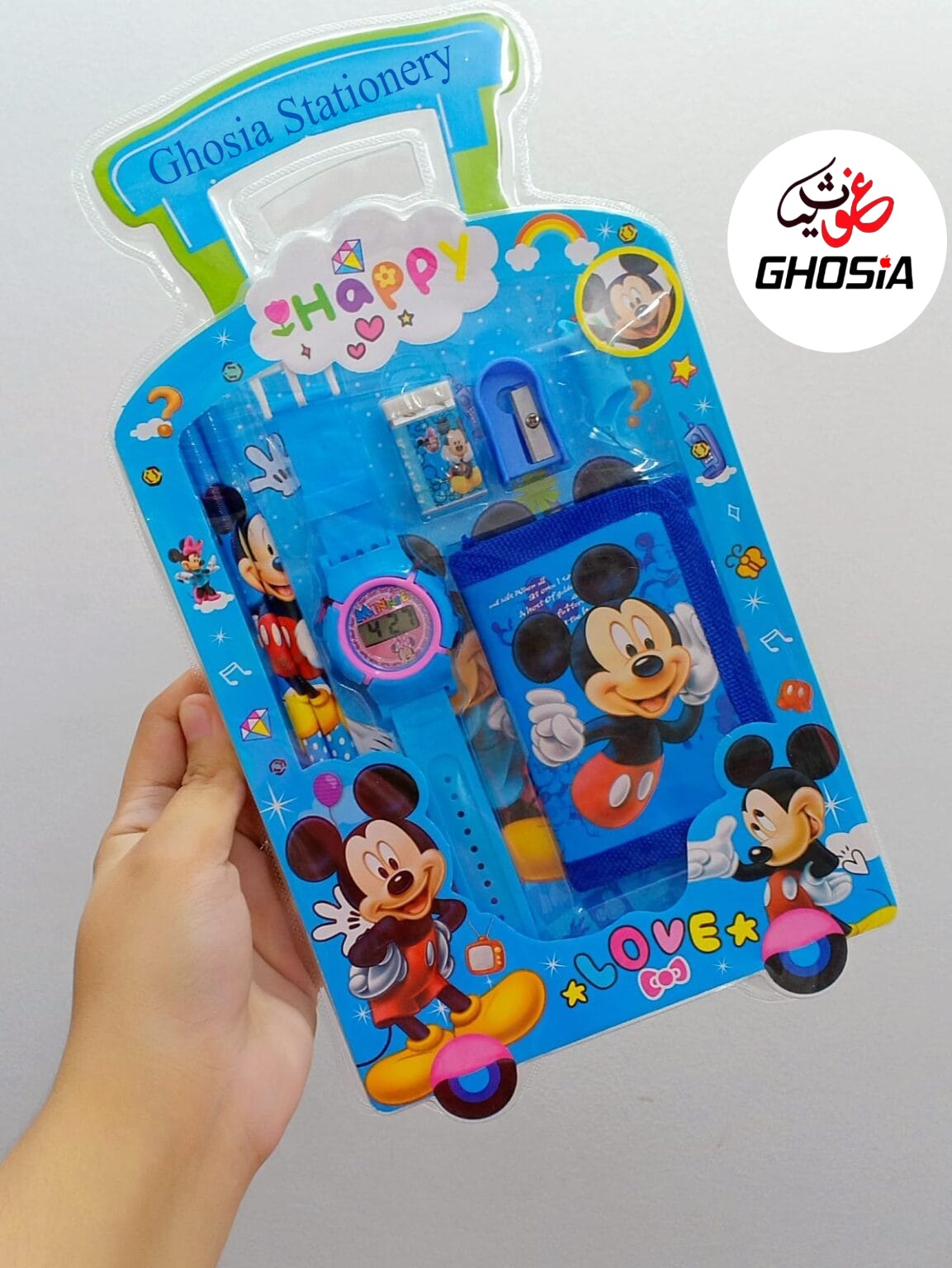 7 Pcs Happy Stationary Set for Kids School Stationery Set With Watch And Wallet Combo Pack - Ghosia Mall's
