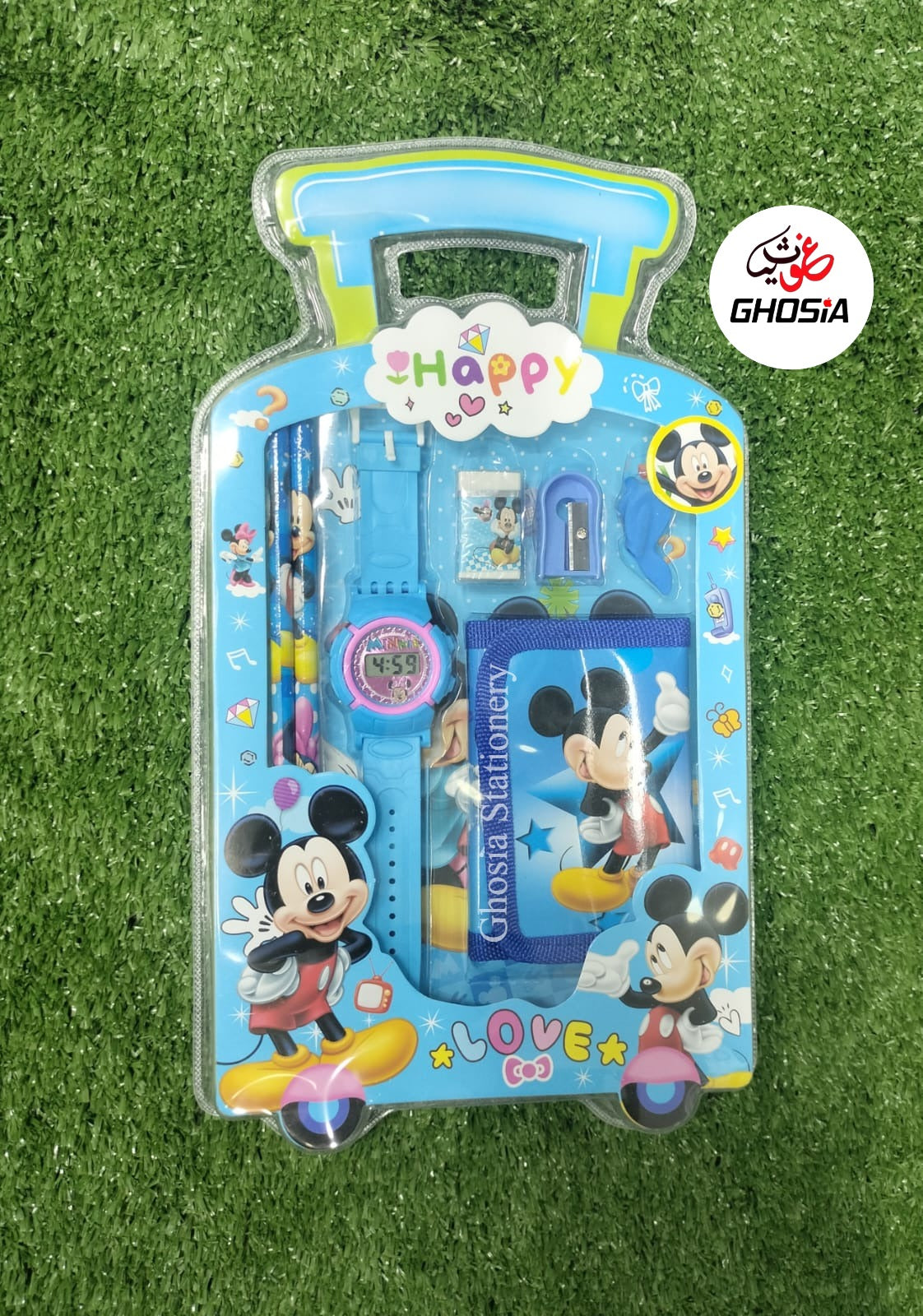 7 Pcs Happy Stationary Set for Kids School Stationery Set With Watch And Wallet Combo Pack - Ghosia Mall's