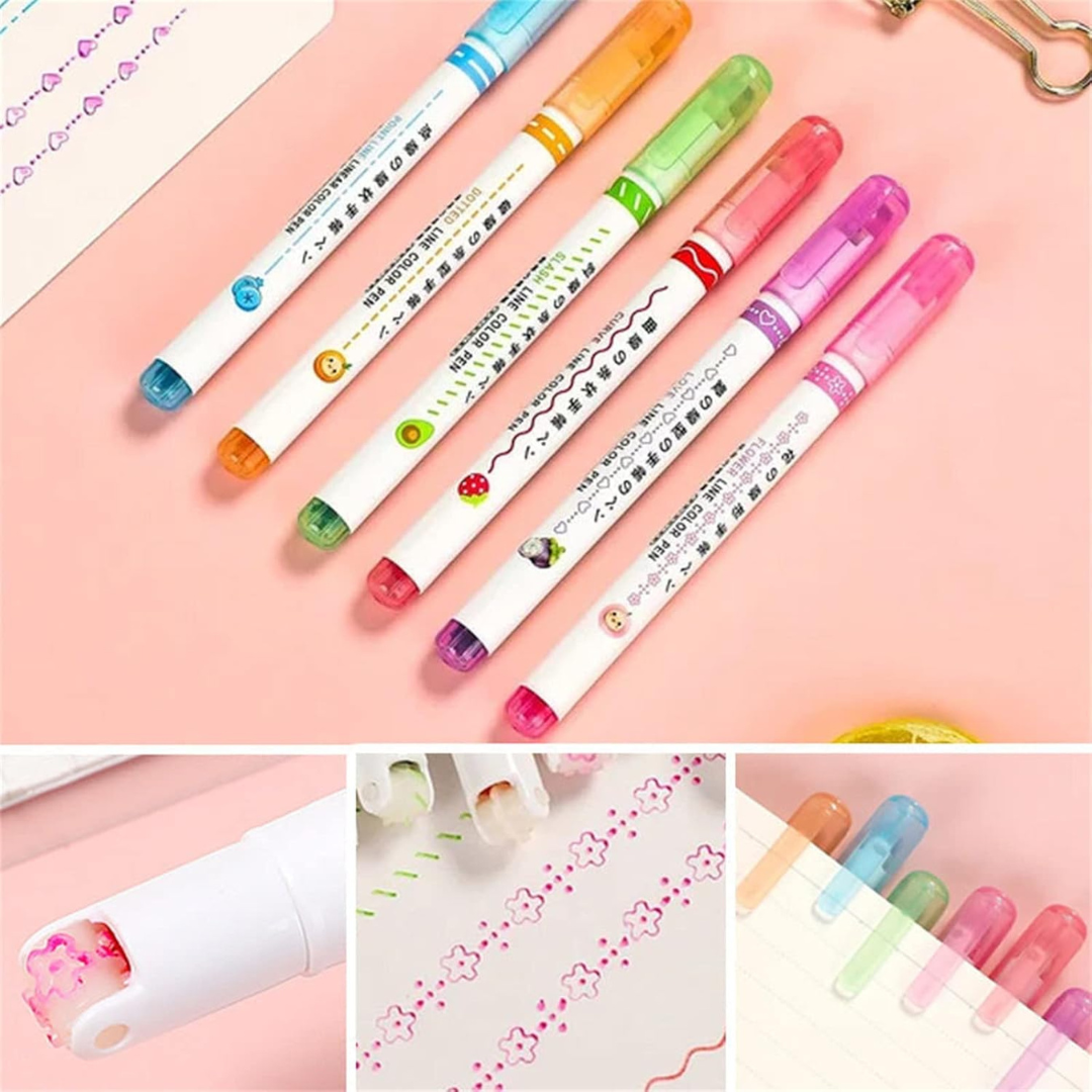 6-Piece Colorful Curved Highlighter Set with Fun Drawing Patterns - Perfect for Crafts, Journaling & Scrapbooking - Ghosia Mall's