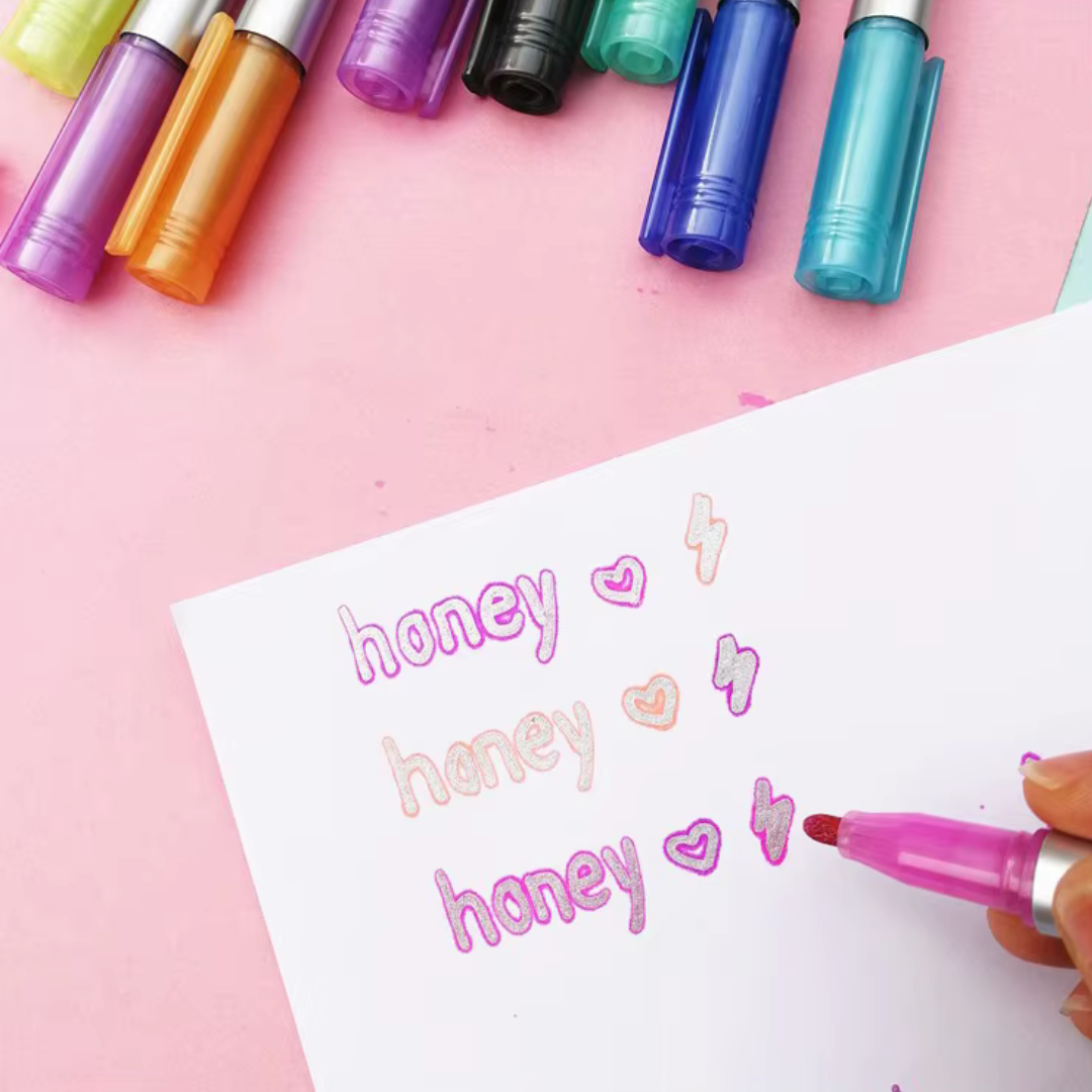 Colorful Shimmer Markers Pen, Outline Markers Double Line Pen ( Set of 4 ) Colorful Double Line Markers Set - Ghosia Mall's