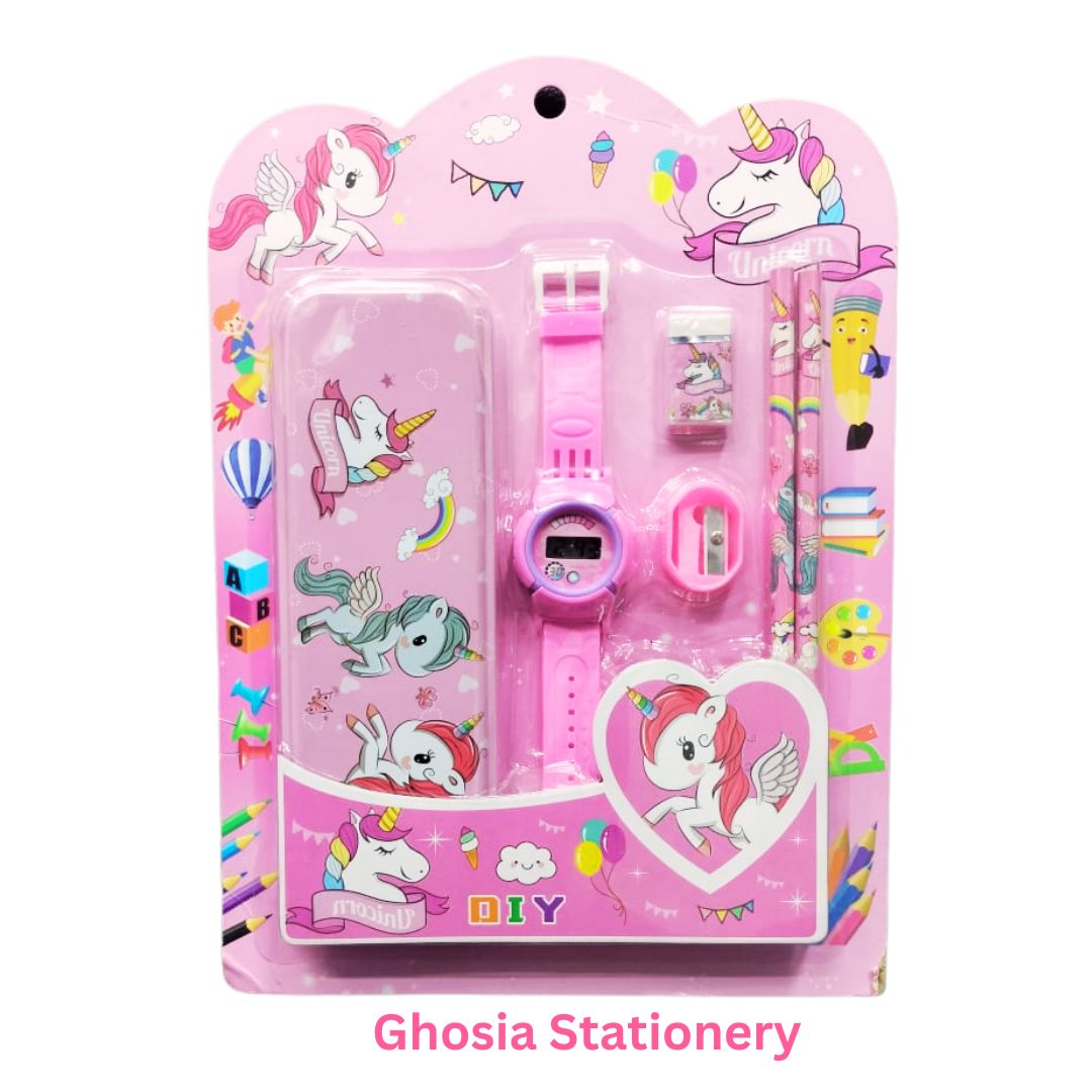 6 Pcs Stationary Set for Kids School Stationery Set With Digital Watch Cartoon Themed Gift Combo Pack - Ghosia Mall's
