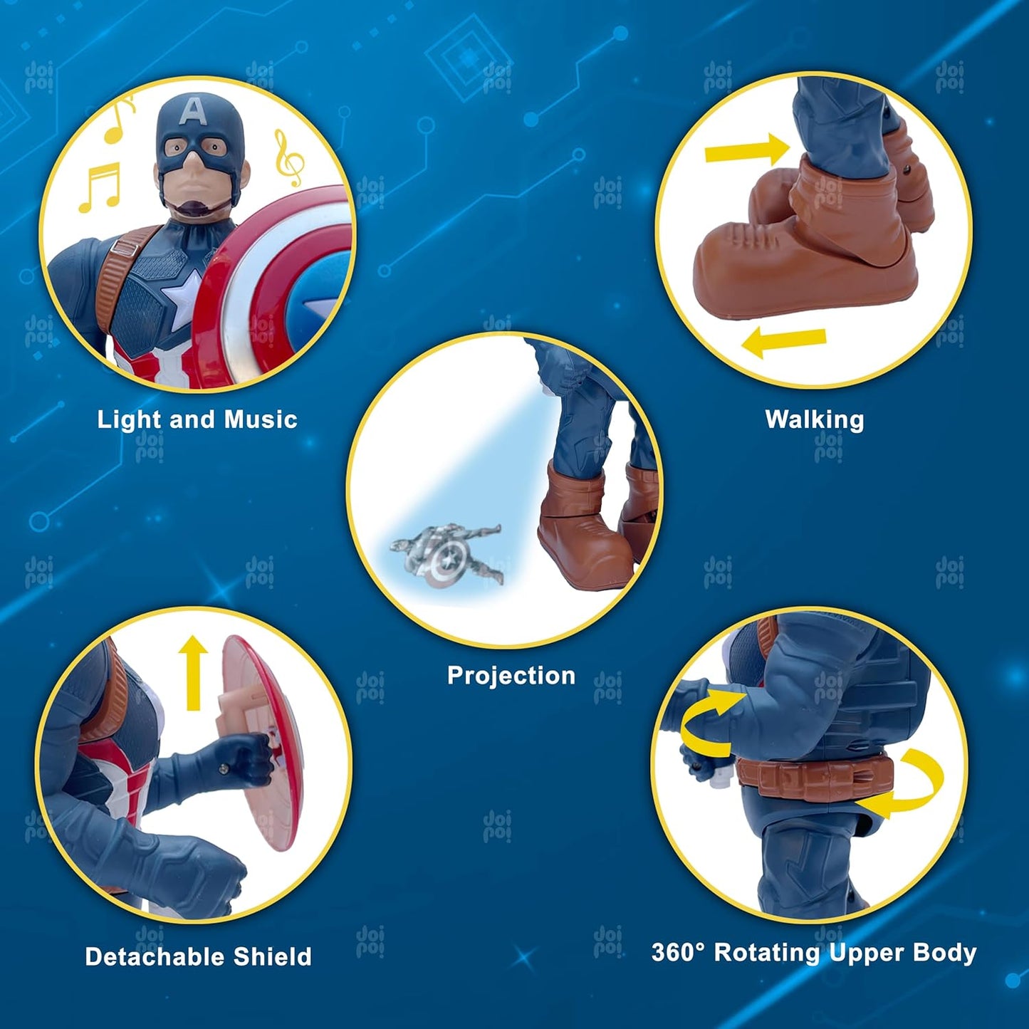 Captain America Superhero Walking Toy | Music,Photo Projection,Led Lights, Flexible Joints | Best Gift for Kids - Ghosia Mall's