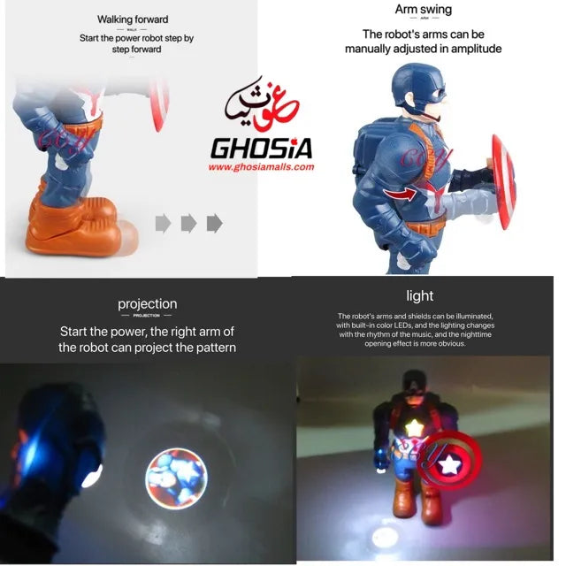 Captain America Superhero Walking Toy | Music,Photo Projection,Led Lights, Flexible Joints | Best Gift for Kids - Ghosia Mall's
