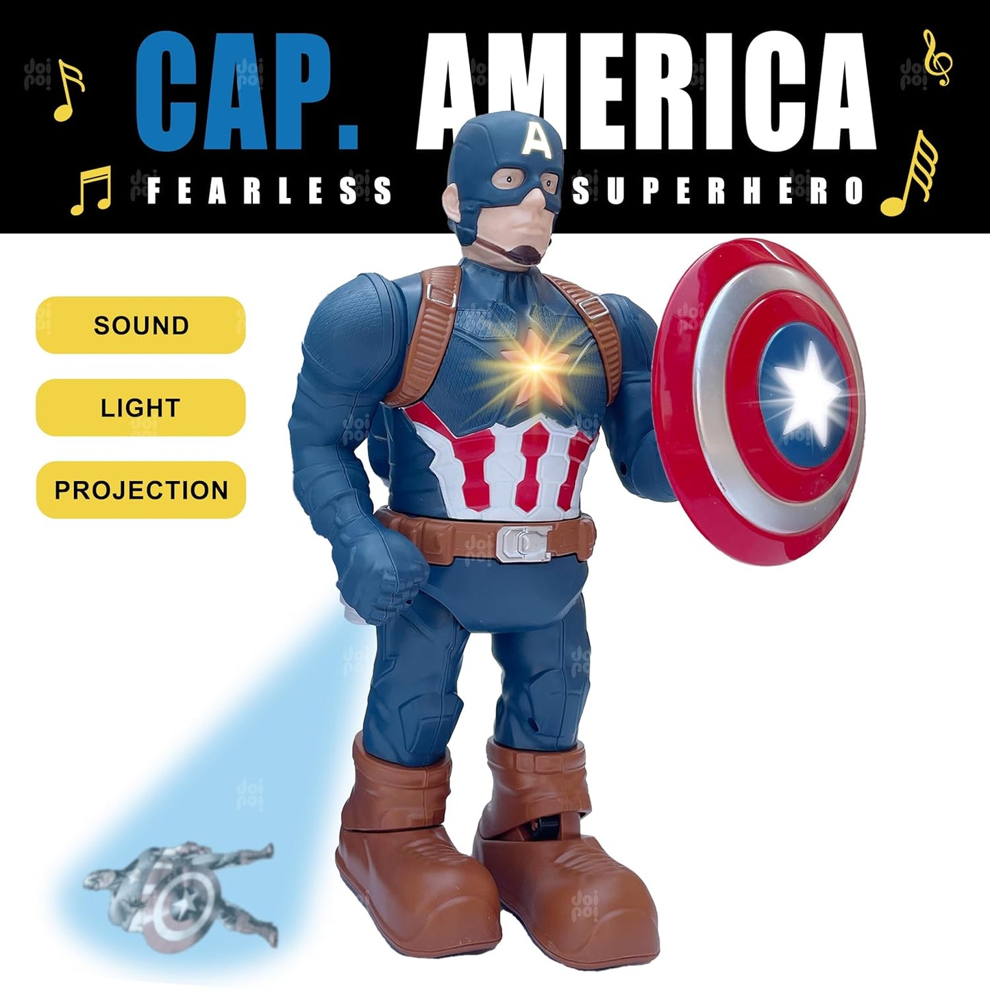 Captain America Superhero Walking Toy | Music,Photo Projection,Led Lights, Flexible Joints | Best Gift for Kids - Ghosia Mall's