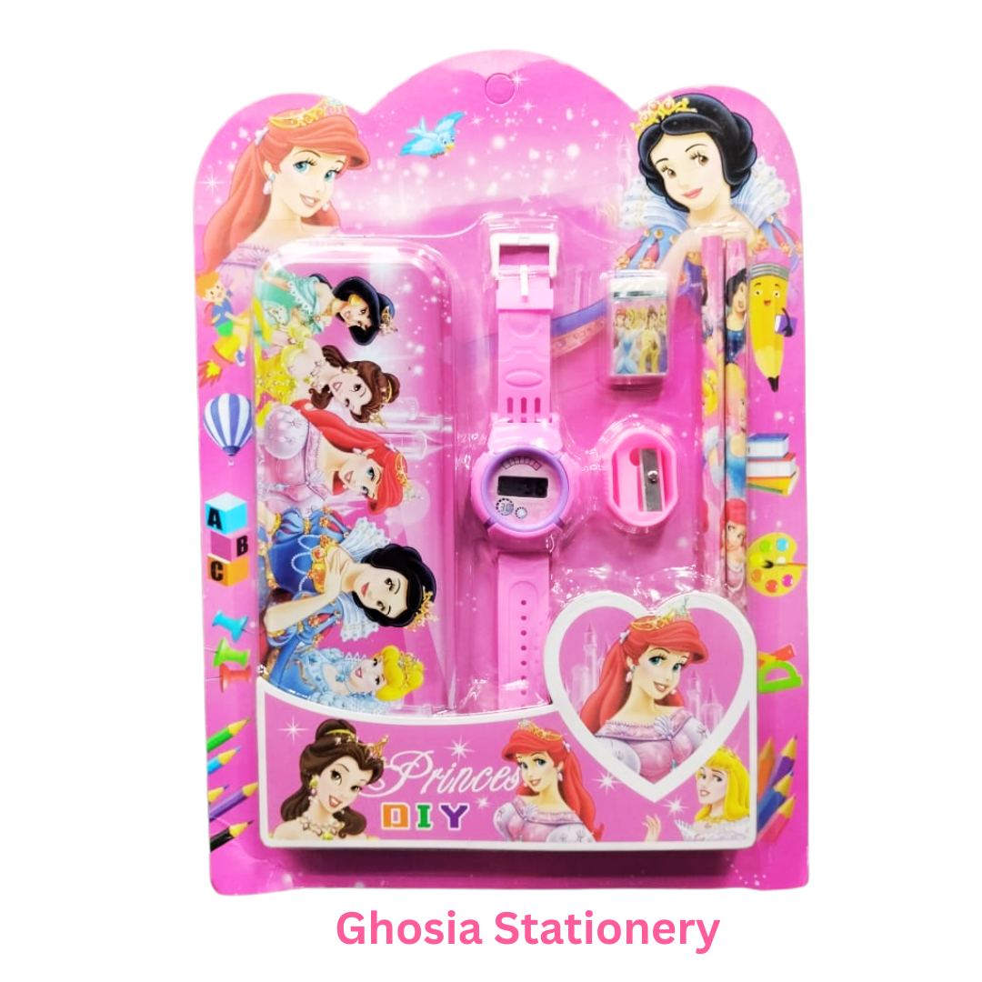 6 Pcs Stationary Set for Kids School Stationery Set With Digital Watch Cartoon Themed Gift Combo Pack - Ghosia Mall's