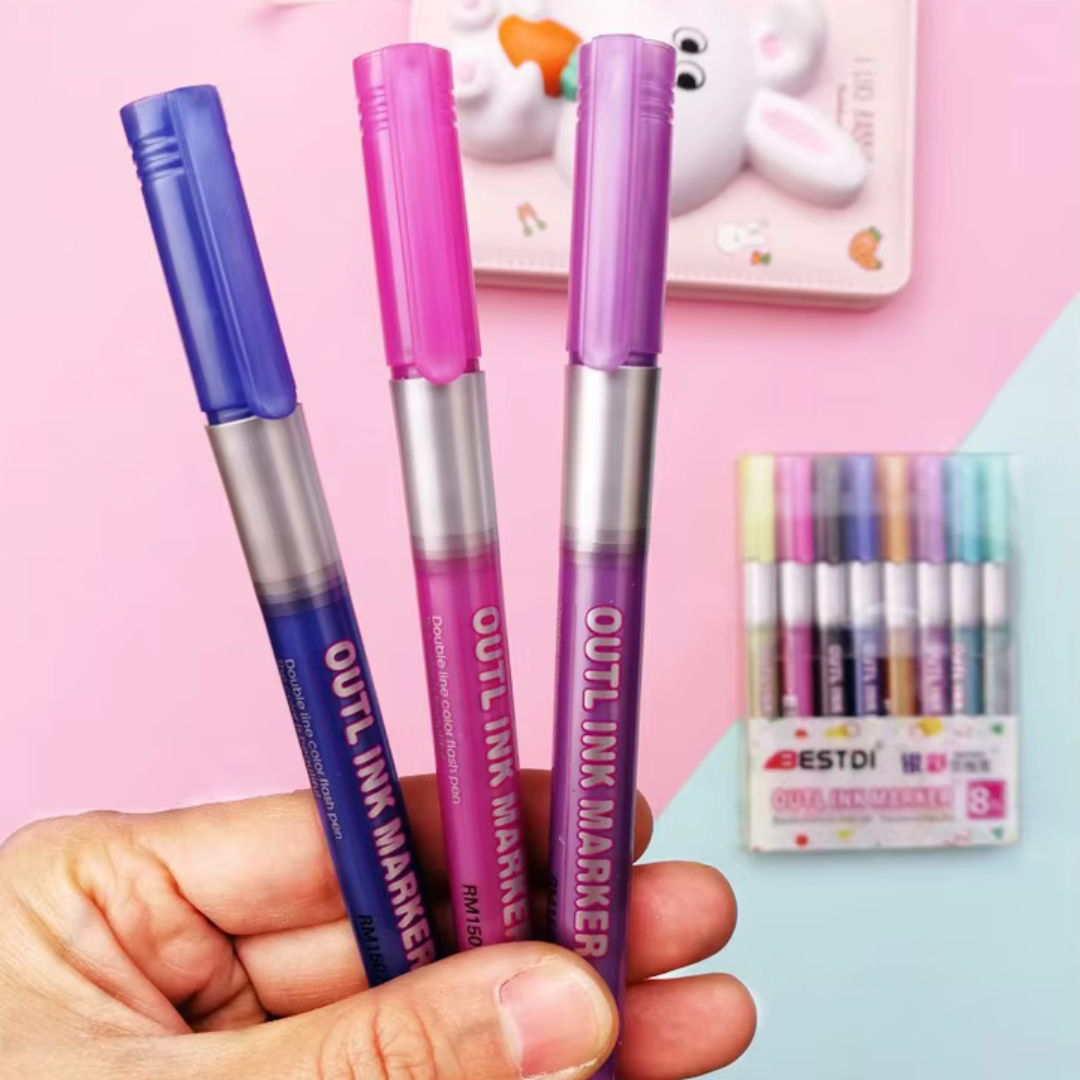 Colorful Shimmer Markers Pen, Outline Markers Double Line Pen ( Set of 4 ) Colorful Double Line Markers Set - Ghosia Mall's
