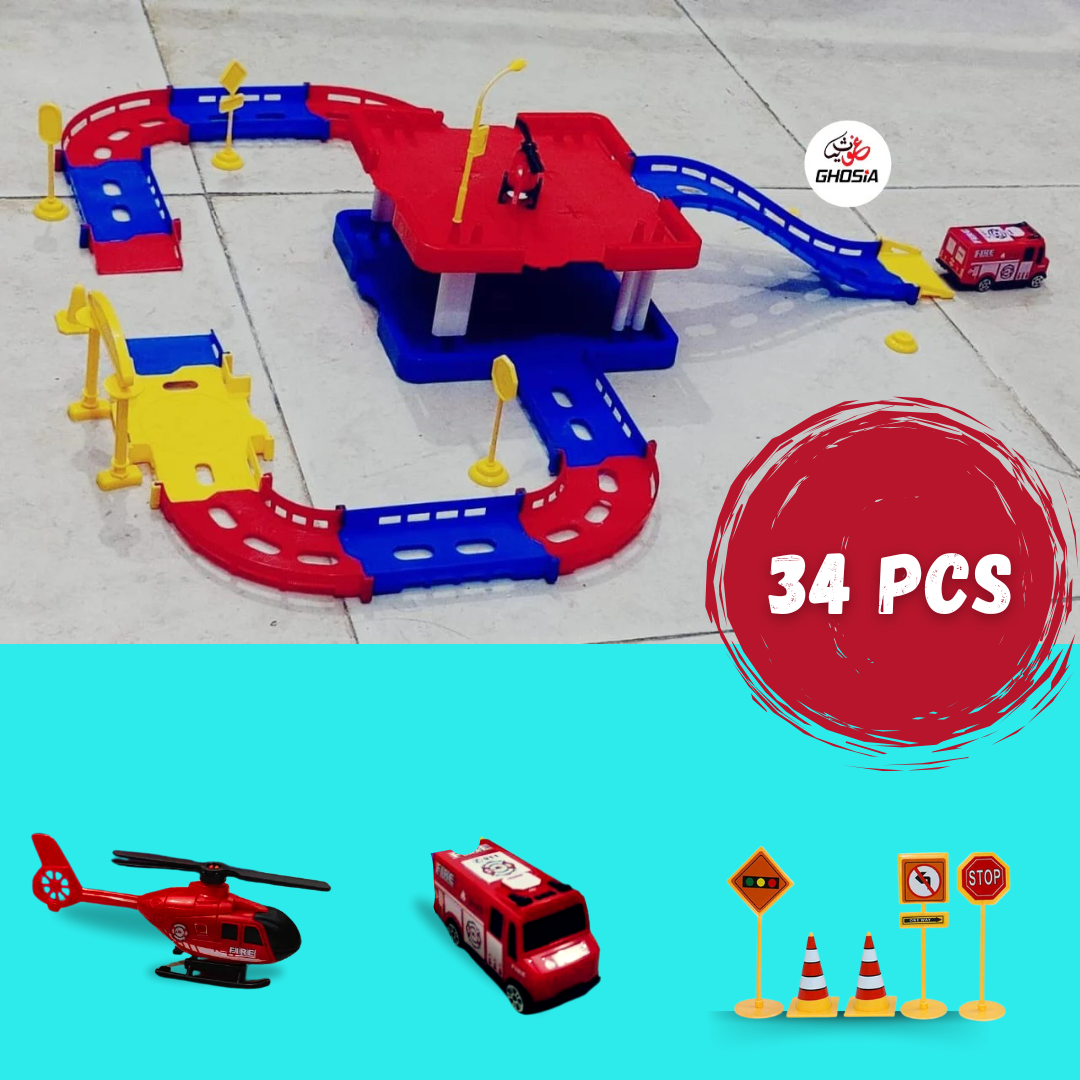 Fire Rescue Parking Toy Play Set – 34 Pcs Fire Rescue Track Creative Play Toy Set For Kids - Ghosia Mall's