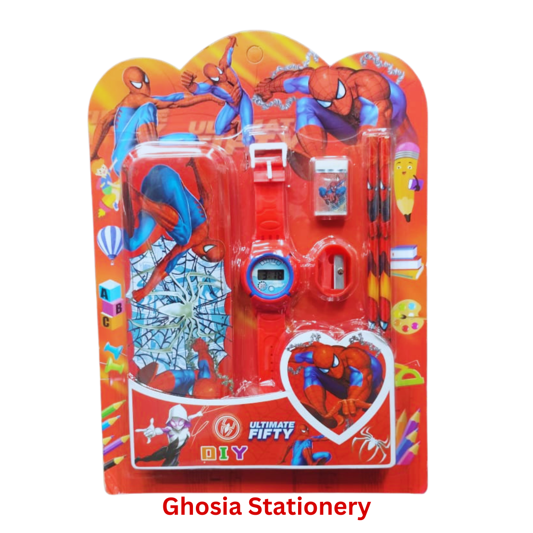 6 Pcs Stationary Set for Kids School Stationery Set With Digital Watch Cartoon Themed Gift Combo Pack - Ghosia Mall's