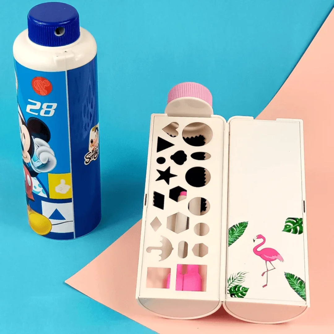 Creative Cartoon High Capacity Bottle Shape Pencil Case With Whiteboard, Markers & Cute Accessories Solar Calculator Magnetic Lock For Kids & Adults