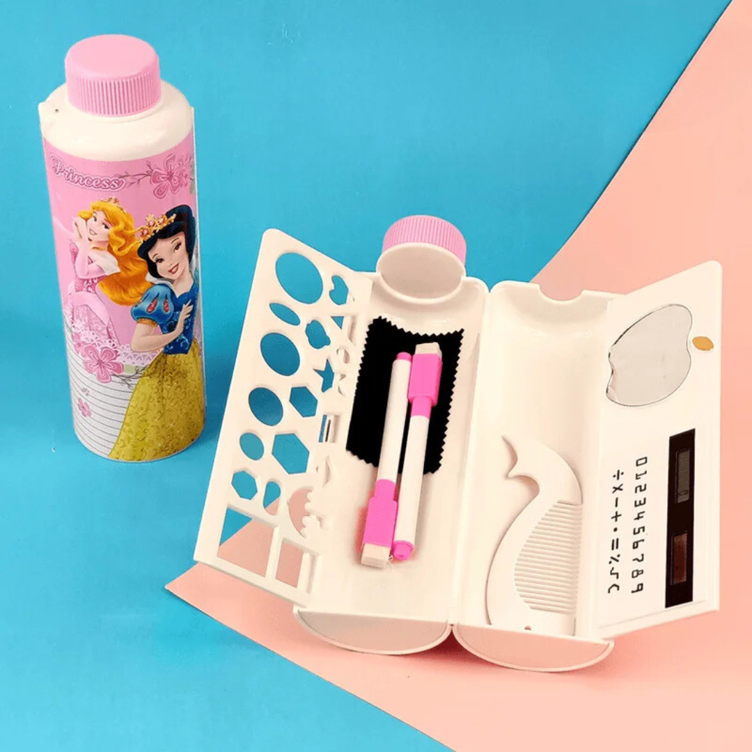 Creative Cartoon High Capacity Bottle Shape Pencil Case With Whiteboard, Markers & Cute Accessories Solar Calculator Magnetic Lock For Kids & Adults
