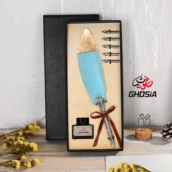 Feather Pen Set Luxury Vintage Metallic Carving Dip Pen, Calligraphy Writing with 5 Replacement Nibs - Ghosia Mall's