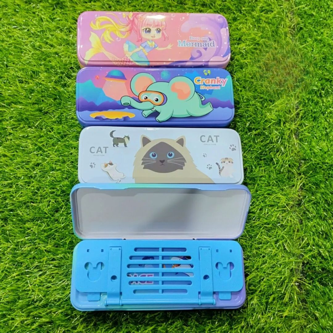 Multi-Layer Stationery Box For Children Cute Dream Cartoon Theme Metallic Geometry Box With Book Holder Stationery Storage Bookcase Pencil Box