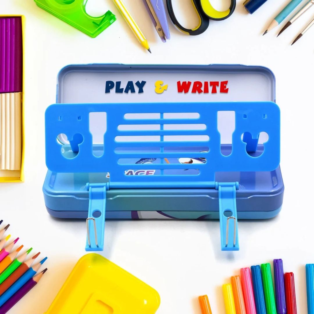 Multi-Layer Stationery Box For Children Cute Dream Cartoon Theme Metallic Geometry Box With Book Holder Stationery Storage Bookcase Pencil Box
