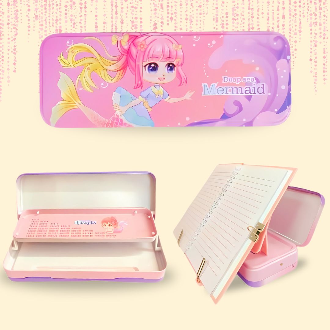 Multi-Layer Stationery Box For Children Cute Dream Cartoon Theme Metallic Geometry Box With Book Holder Stationery Storage Bookcase Pencil Box
