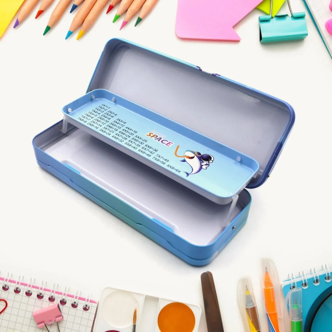 Multi-Layer Stationery Box For Children Cute Dream Cartoon Theme Metallic Geometry Box With Book Holder Stationery Storage Bookcase Pencil Box