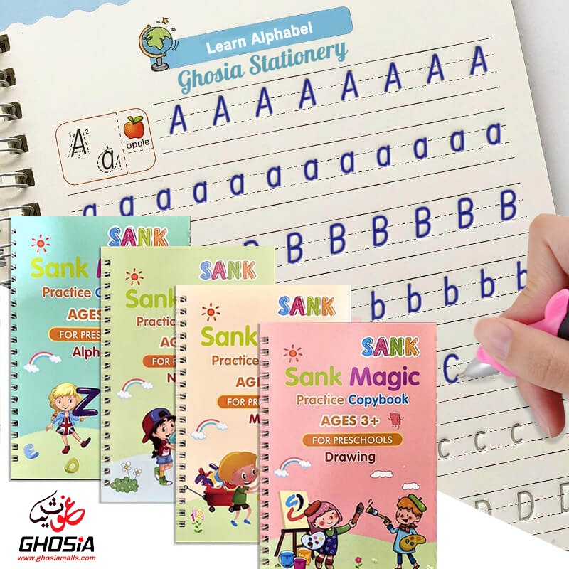 4 in 1 Magic Practice Copybook for Kids – 4 Reusable Writing Practice Book with Magical Pen - Ghosia Mall's