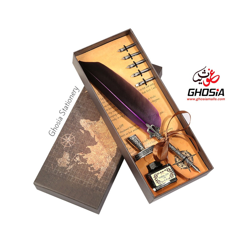 Carving Feather Pen Set, Quill Pen Set Antique Calligraphy Writing Dip Pen with Ink, 5 Replacement Nibs, Metallic Carved Pen Stand Base, Luxury Vintage Signature - Ghosia Mall's