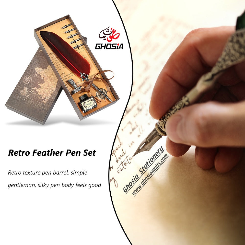 Carving Feather Pen Set, Quill Pen Set Antique Calligraphy Writing Dip Pen with Ink, 5 Replacement Nibs, Metallic Carved Pen Stand Base, Luxury Vintage Signature - Ghosia Mall's