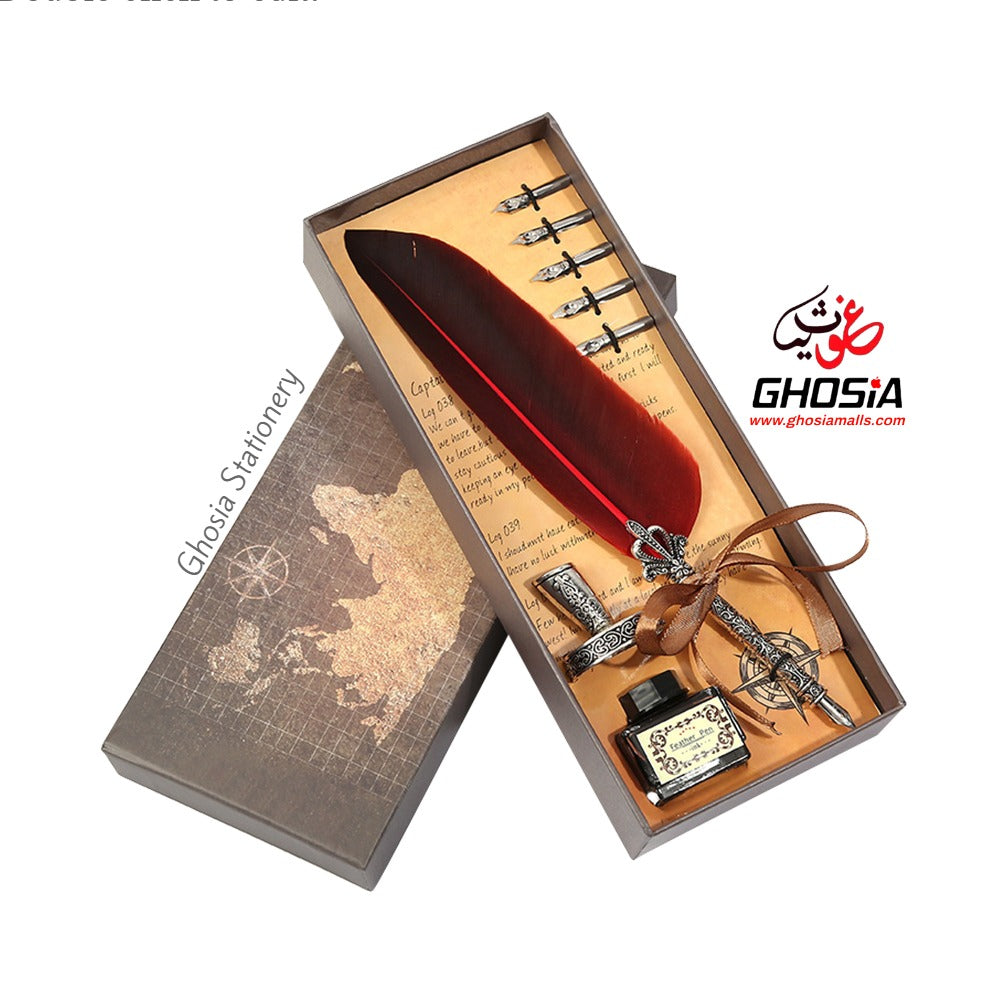 Carving Feather Pen Set, Quill Pen Set Antique Calligraphy Writing Dip Pen with Ink, 5 Replacement Nibs, Metallic Carved Pen Stand Base, Luxury Vintage Signature - Ghosia Mall's